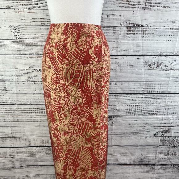 Nygard Collection Skirt size 8 Petite Dark Red Gold Silk Swirls Long Faux Wrap - Picture 2 of 11